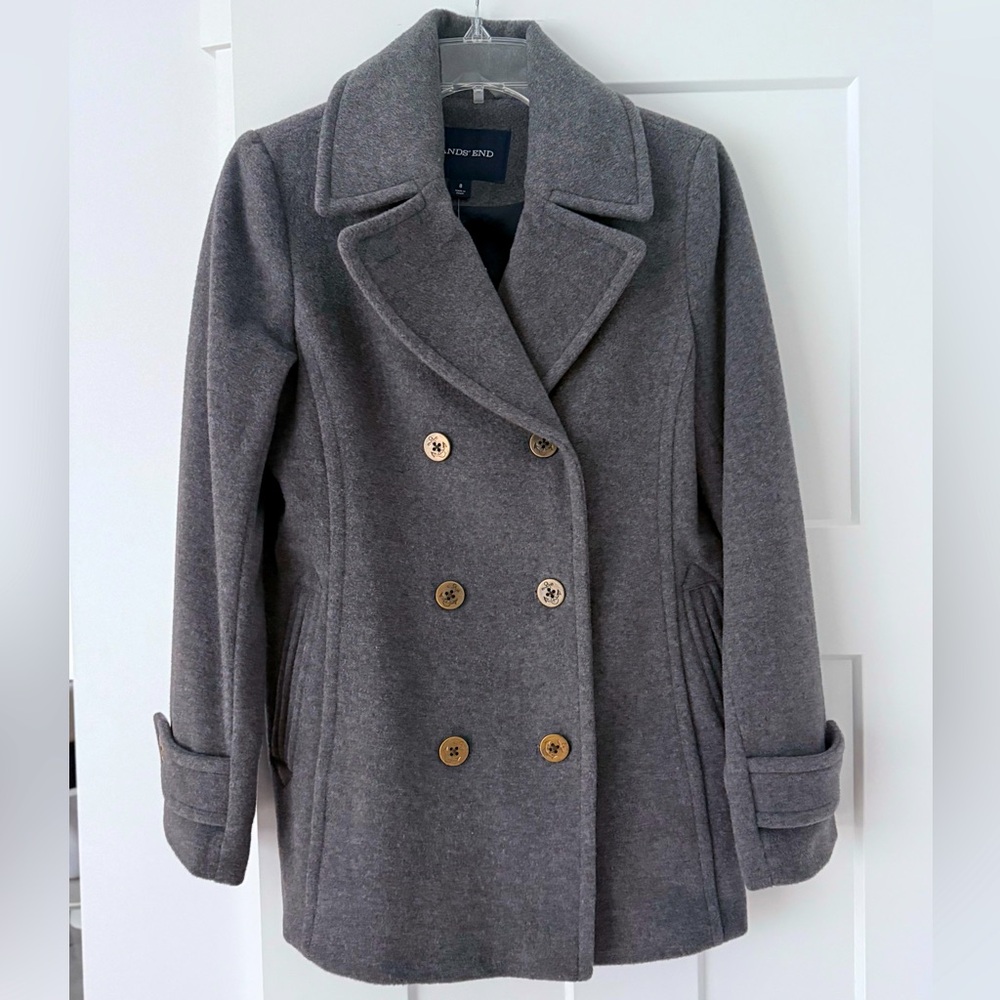 Lands End Luxe Wool Grey Heather Peacoat, Size 8 NWT